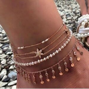 4 Piece Anklet Set, Star, Beaded, Coin Anklet